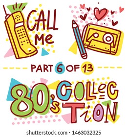 Illustrations collection in 80s theme style: retro phone   cassette and pencil  Part 6 13  Hand drawn art in cartoon style for web  print  