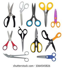 Illustrations of colored scissors. Vector pictures set in flat style. Scissor for hairdressing, sharp tools, shears accessories