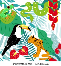 Illustrations of colorful animals in the rainforest.
Seamless pattern.