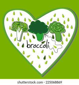 Illustrations with colorful broccoli.  The template can be used for packaging, printing on cups, bags, wallpaper, textiles.