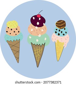 Illustrations with colorful ice cream balls on a blue background.Children's print with sweets.