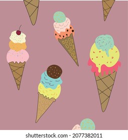 Illustrations with colorful ice cream balls..Children's print with popsicles and sweets.