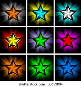 illustrations of colorful shining stars on black background