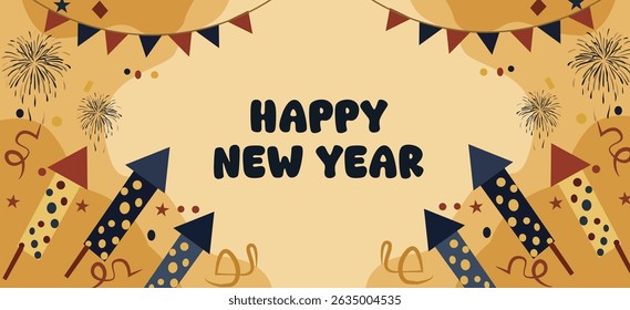 illustrations commemorating the arrival of the New Year. The designs feature a mix of iconic New Year's Eve elements including colorful fireworks, ringing alarm clocks, clinking champagne glasses