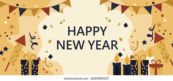 illustrations commemorating the arrival of the New Year. The designs feature a mix of iconic New Year's Eve elements including colorful fireworks, ringing alarm clocks, clinking champagne glasses