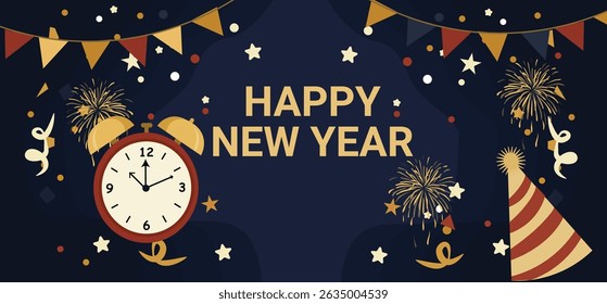 illustrations commemorating the arrival of the New Year. The designs feature a mix of iconic New Year's Eve elements including colorful fireworks, ringing alarm clocks, clinking champagne glasses