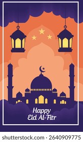 illustrations commemorating Eid al-Fitr perfect for conveying the beauty and tranquility of Eid, suitable for digital greetings, social media banners, and reflective holiday content.