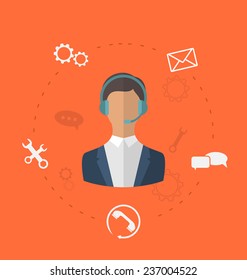Illustrations concept of 24h online available customer support, help desk male operator service - vector