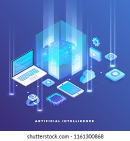 Illustrations concept  artificial intelligence AI. Technology working with smart brain computer and machine connecting device. Isometric vector illustrate.