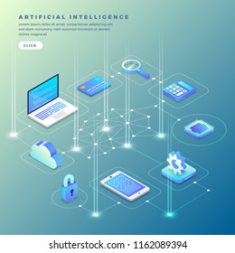 Illustrations concept  artificial intelligence AI. Technology working with smart brain computer and machine connecting device. Isometric vector illustrate.