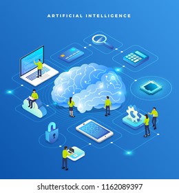 Illustrations concept  artificial intelligence AI. Technology working with smart brain computer and machine connecting device. Isometric vector illustrate.