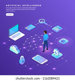 Illustrations Concept  Artificial Intelligence AI. Technology Working With Smart Brain Computer And Machine Connecting Device. Isometric Vector Illustrate.