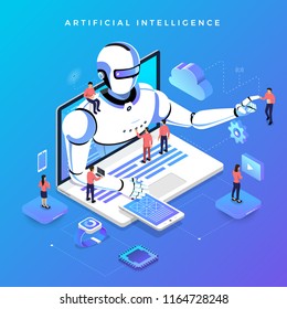 Illustrations Concept  Artificial Intelligence AI. Technology Working With Smart Brain Computer And Machine Connecting Device. Isometric Vector Illustrate.