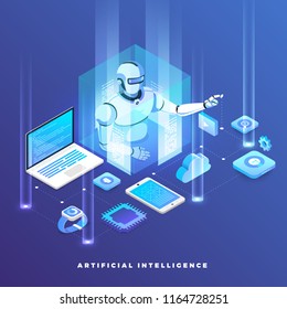 Illustrations concept  artificial intelligence AI. Technology working with smart brain computer and machine connecting device. Isometric vector illustrate.