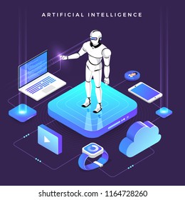 Illustrationen Konzept künstliche Intelligenz AI. Technologie, die mit intelligentem Gehirncomputer und einem Gerät zum Verbinden von Maschinen arbeitet. Isometrische Vektorgrafik illustriert.