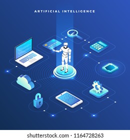 Illustrations concept  artificial intelligence AI. Technology working with smart brain computer and machine connecting device. Isometric vector illustrate.