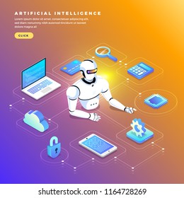 Illustrations concept  artificial intelligence AI. Technology working with smart brain computer and machine connecting device. Isometric vector illustrate.