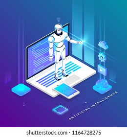 Illustrations concept  artificial intelligence AI. Technology working with smart brain computer and machine connecting device. Isometric vector illustrate.