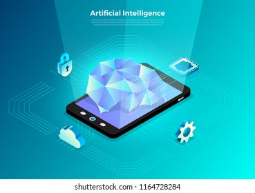Illustrations concept  artificial intelligence AI. Technology working with smart brain computer and machine connecting device. Isometric vector illustrate.