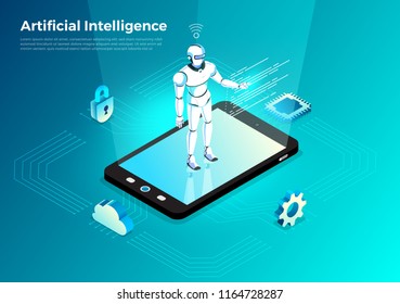 Illustrations concept  artificial intelligence AI. Technology working with smart brain computer and machine connecting device. Isometric vector illustrate.