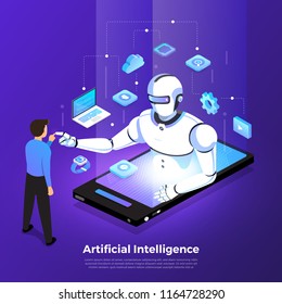 Illustrations concept  artificial intelligence AI. Technology working with smart brain computer and machine connecting device. Isometric vector illustrate.