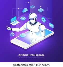 Illustrations concept  artificial intelligence AI. Technology working with smart brain computer and machine connecting device. Isometric vector illustrate.
