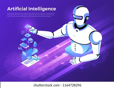 Illustrations concept  artificial intelligence AI. Technology working with smart brain computer and machine connecting device. Isometric vector illustrate.