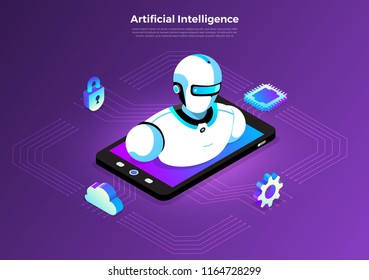 Illustrations concept  artificial intelligence AI. Technology working with smart brain computer and machine connecting device. Isometric vector illustrate.