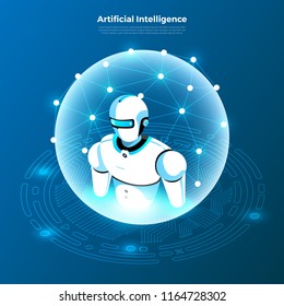 Illustrations concept  artificial intelligence AI. Technology working with smart brain computer and machine connecting device. Isometric vector illustrate.