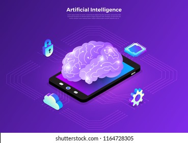 Illustrations concept  artificial intelligence AI. Technology working with smart brain computer and machine connecting device. Isometric vector illustrate.