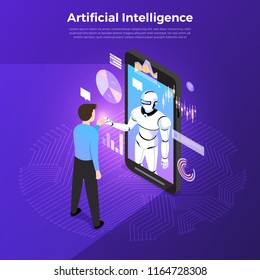 Illustrations concept  artificial intelligence AI. Technology working with smart brain computer and machine connecting device. Isometric vector illustrate.