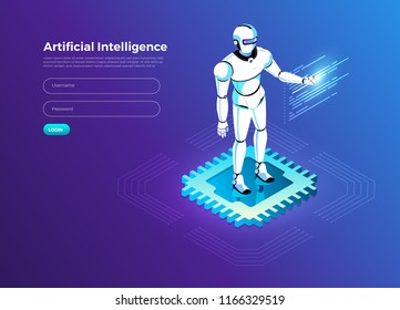 Illustrations concept  artificial intelligence AI. Technology working with smart brain computer and machine connecting device. Isometric vector illustrate.