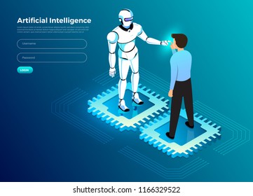 Illustrations concept  artificial intelligence AI. Technology working with smart brain computer and machine connecting device. Isometric vector illustrate.