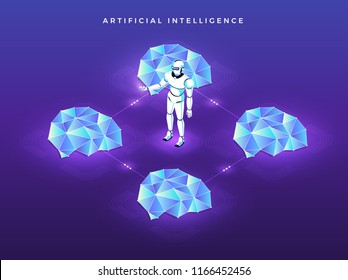 Illustrations concept  artificial intelligence AI. Technology working with smart brain computer and machine connecting device. Isometric vector illustrate.