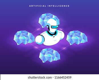 Illustrations concept  artificial intelligence AI. Technology working with smart brain computer and machine connecting device. Isometric vector illustrate.