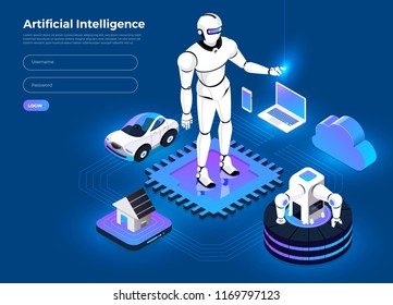 Illustrations concept  artificial intelligence AI. Technology working with smart brain computer and machine connecting device. Isometric vector illustrate.