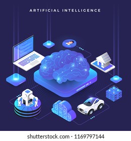 Illustrations concept  artificial intelligence AI. Technology working with smart brain computer and machine connecting device. Isometric vector illustrate.