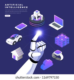 Illustrations concept  artificial intelligence AI. Technology working with smart brain computer and machine connecting device. Isometric vector illustrate.