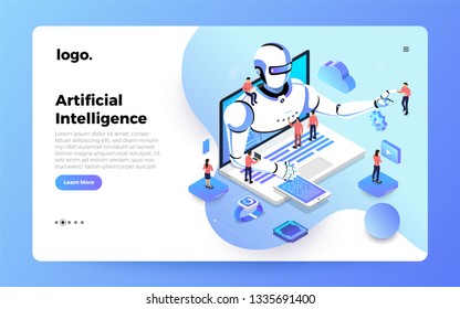 Illustrations concept  artificial intelligence AI. Technology working with smart brain computer and machine connecting device. Isometric vector illustrate. Website design landing page mockup.