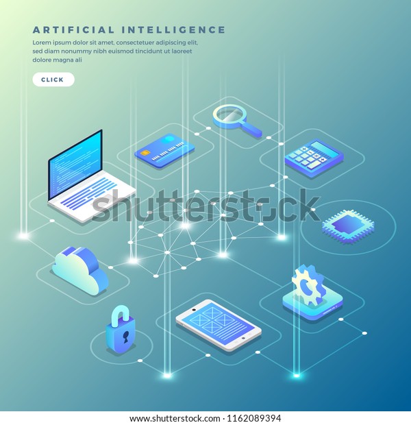 Illustrations concept  artificial\
intelligence AI. Technology working with smart brain computer and\
machine connecting device. Isometric vector\
illustrate.
