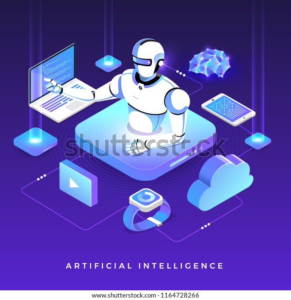 Illustrations concept  artificial\
intelligence AI. Technology working with smart brain computer and\
machine connecting device. Isometric vector\
illustrate.