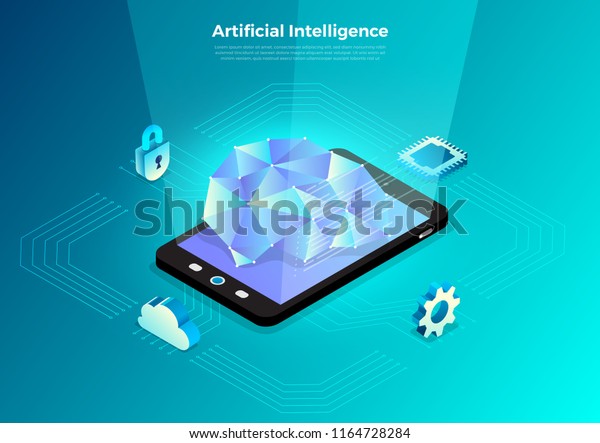 Illustrations concept  artificial
intelligence AI. Technology working with smart brain computer and
machine connecting device. Isometric vector
illustrate.