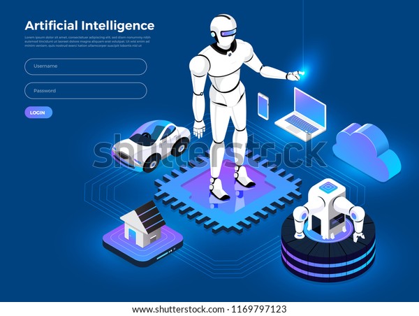 Illustrations concept  artificial
intelligence AI. Technology working with smart brain computer and
machine connecting device. Isometric vector
illustrate.