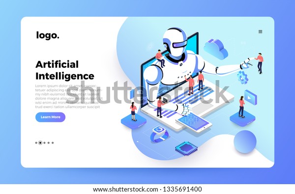 Illustrations concept  artificial intelligence\
AI. Technology working with smart brain computer and machine\
connecting device. Isometric vector illustrate. Website design\
landing page\
mockup.