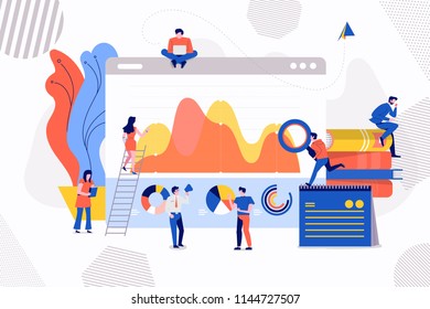 Illustrations concept businessman analysis data of marketing via graph and chart. small people discuss. Vector illustrate.