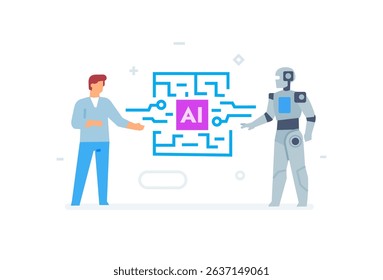 illustrations concept with businessmen. technology, partnership, artificial intelligence business robot, cybes. linear illustration Icons infographics. Landing page site print poster. Line story