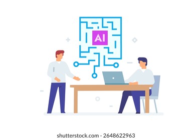 Illustrationen Konzept mit Geschäftsleuten. Technologie, Partnerschaft, Geschäftsroboter für künstliche Intelligenz, Cyben. Lineare Illustration Icons Infografiken. Druckposter für Landing-Page-Site Story