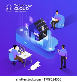 Illustrations concept cloud technology. People working from home. Vector illustrate.