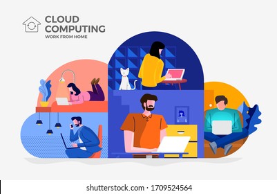 Illustrations Concept Cloud Technology. People Working From Home. Vector Illustrate.