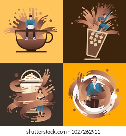 Illustrations concept coffee cup with  people wake up and stimulate. Vector flat design.